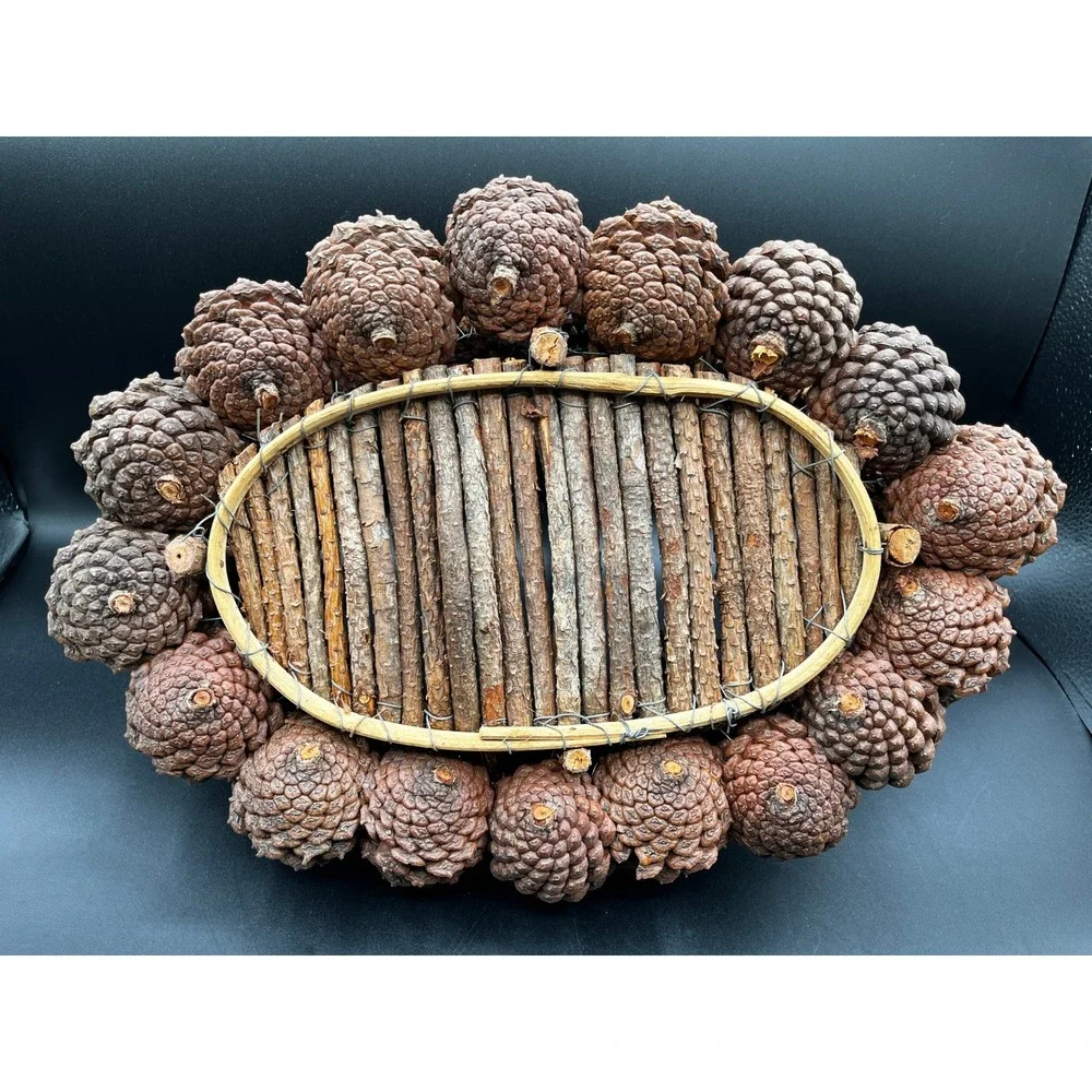 Handmade Pinecone Basket Rustic Woodland Twig Base Natural Wood Handle 14x10 in